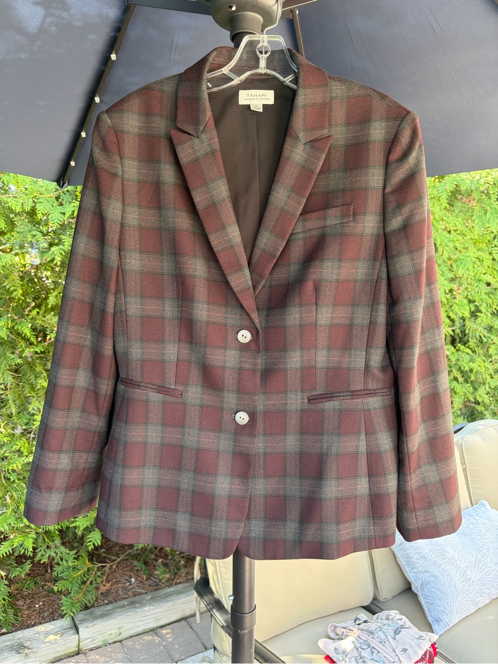 Tahari Burgundy and Gray Plaid Blazer - Women's Two-Button Jacket size 14